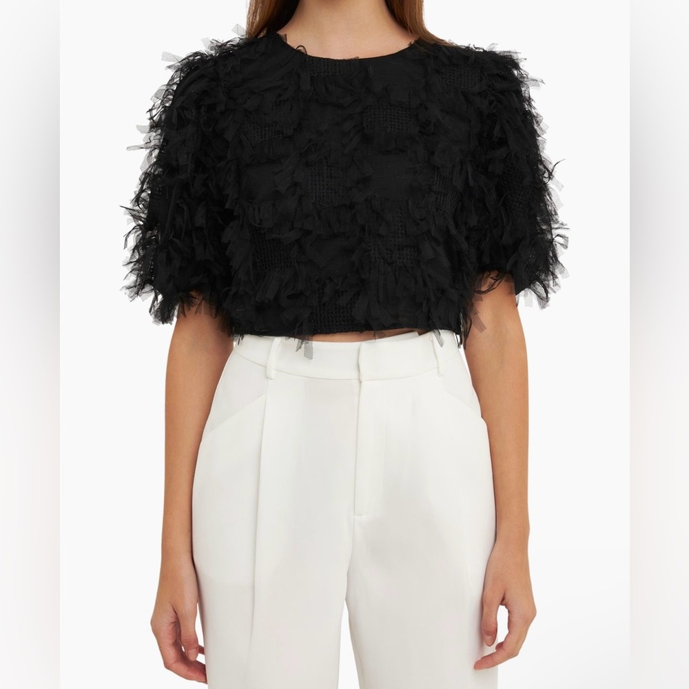 ENDLESS ROSE Gridded Mesh Feathered Cropped Top - Picture 1 of 11
